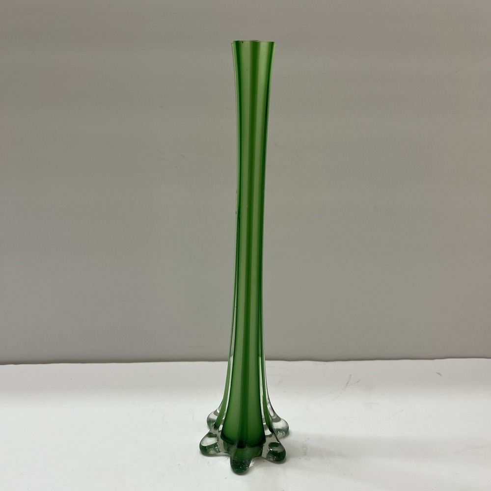 Vintage Art Glass Bud Base Green Clear Accents Petal-Shaped Base 11.5"